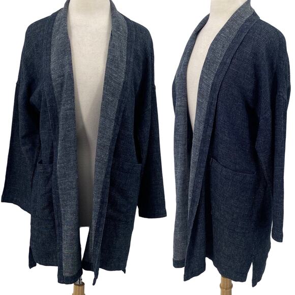 Eileen Fisher Duster Jacket Open Front Hemp Organic Cotton Blue Medium Petite MP - Picture 1 of 7